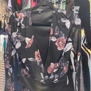 Ladies ECLIPSE black blouse floral print mesh long sleeve size Small body suit